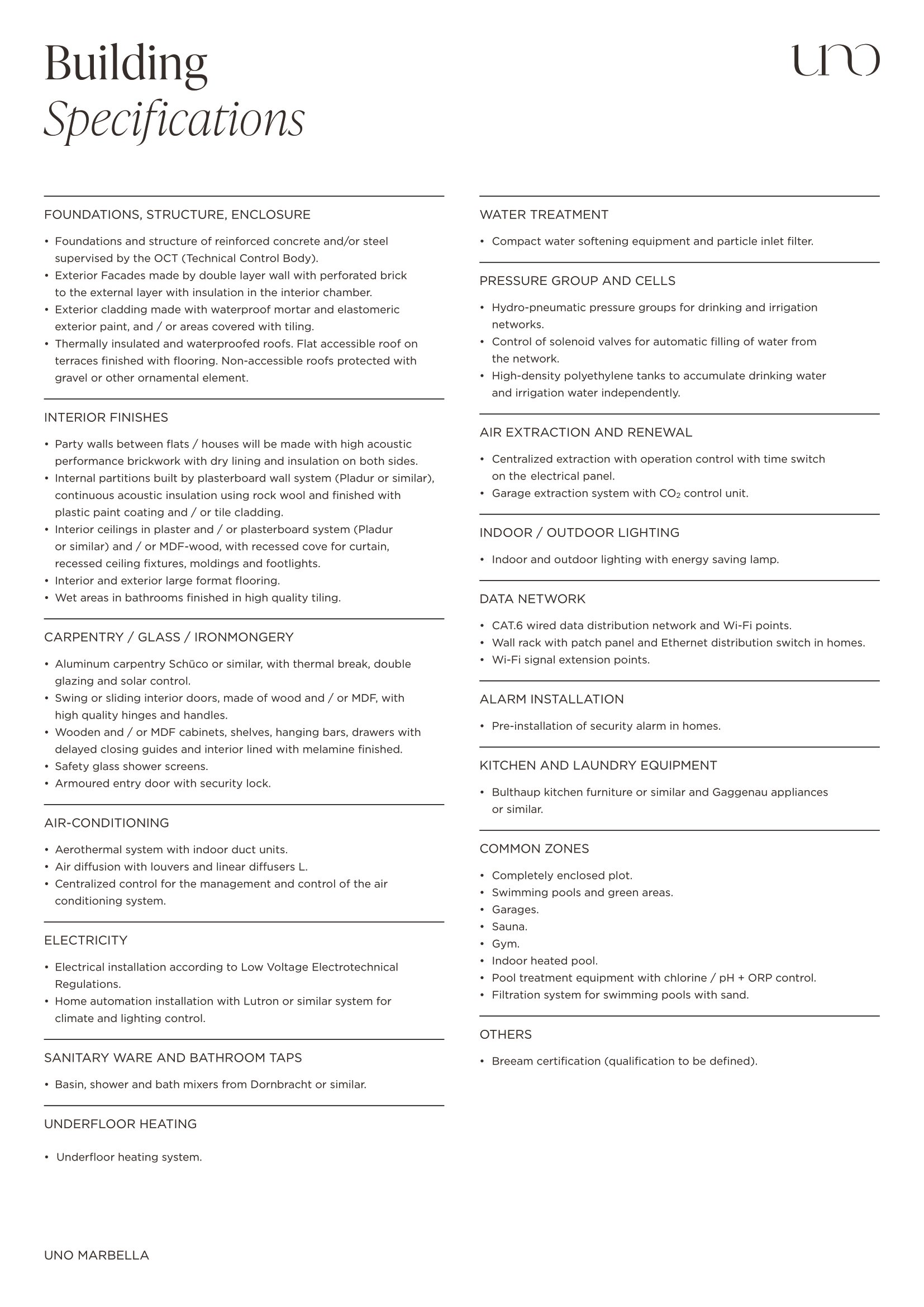 Uno Beach residences specifications
